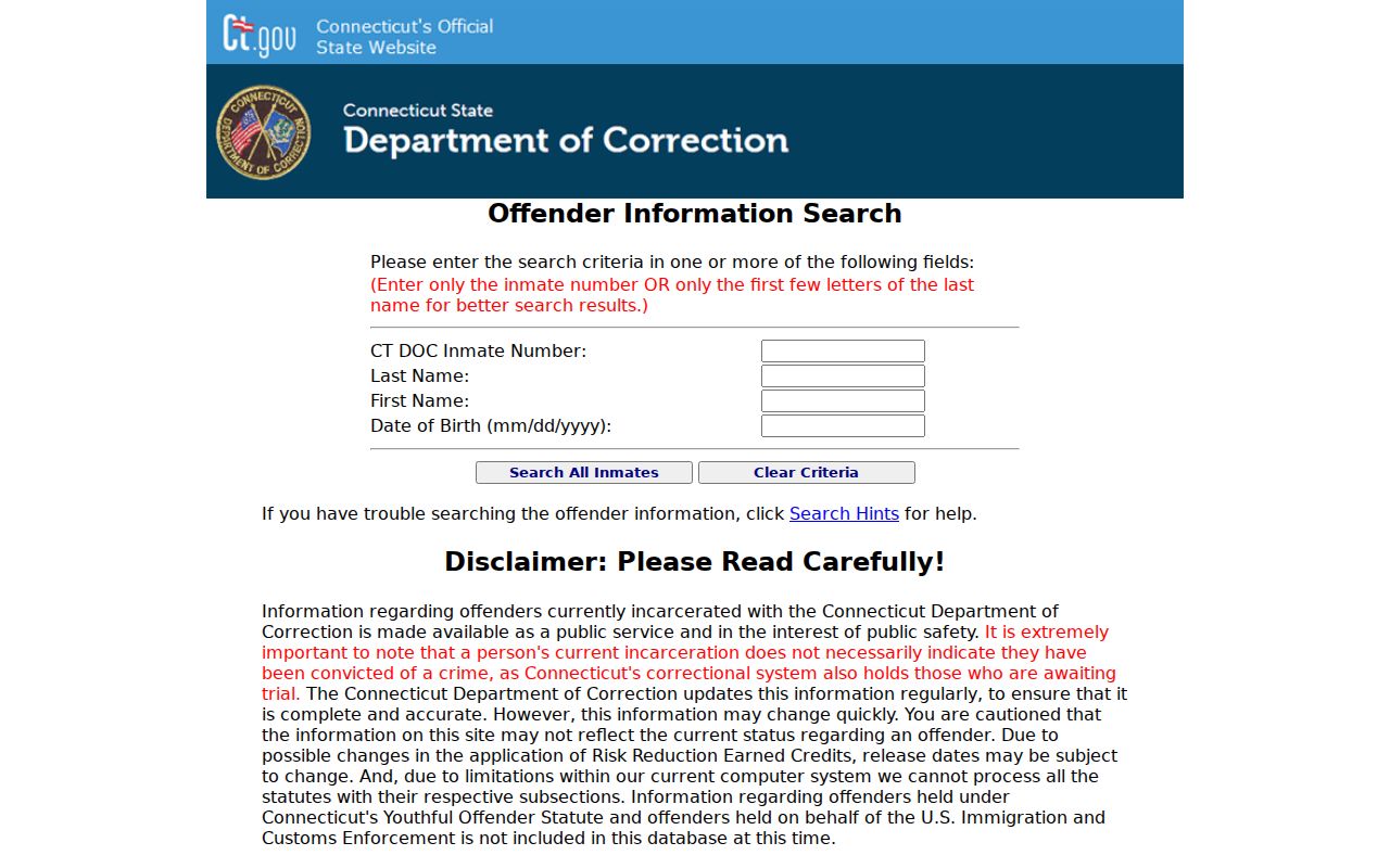 Connecticut DOC inmate search form used after a Stamford arrest