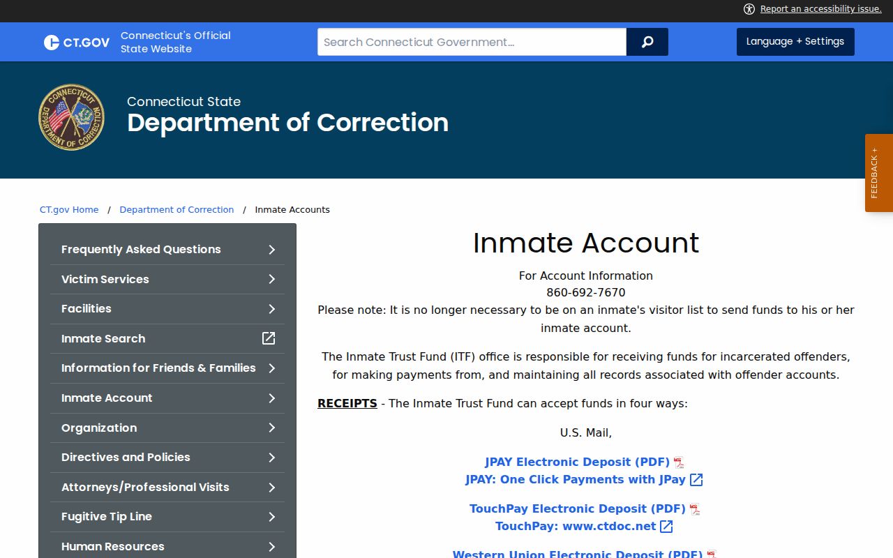 Connecticut DOC inmate account instructions for a person held after Stamford arrest