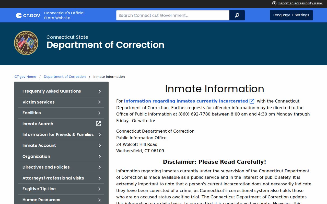 Connecticut DOC inmate information guidance for Stamford custody searches