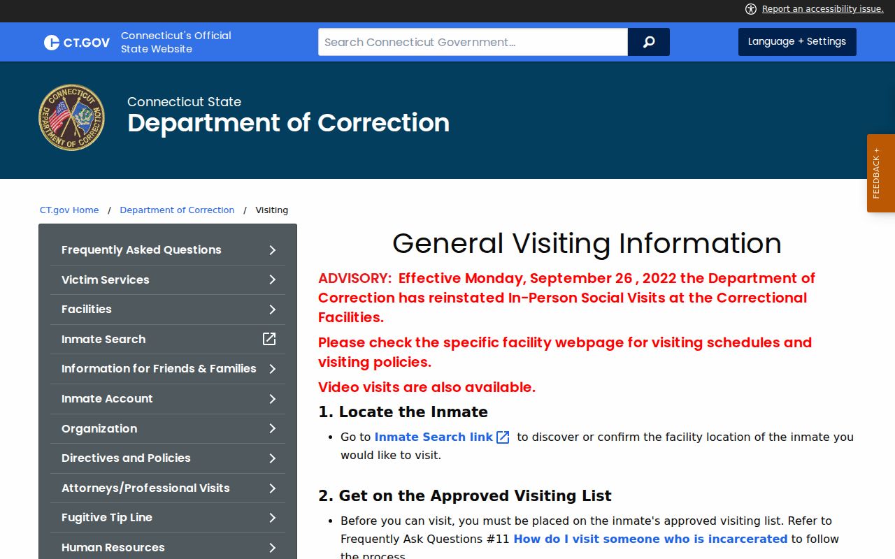 Connecticut DOC visiting instructions after Stamford custody placement